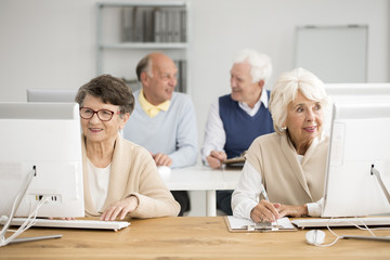 Seniors practising using computer