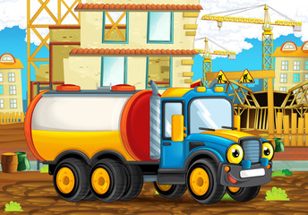 cartoon scene of a construction site with heavy truck - illustration for children