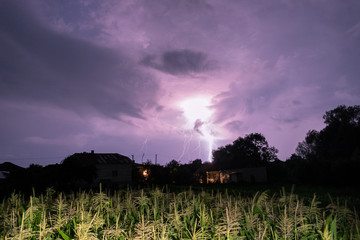 Thunderstorm with lightning on the field
