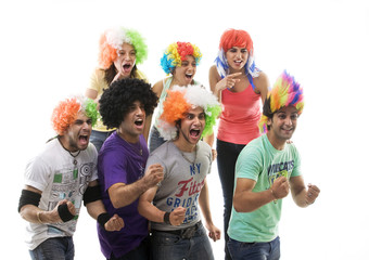 Youngsters with wigs cheering 