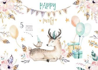 Cute baby deer nursery animal isolated illustration for children. Bohemian watercolor boho forest deer family drawing, watercolour image. Perfect for nursery posters, patterns. Birthday invitation