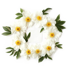 Floral wreath frame made of white peony flowers and big green leaves on white background with empty paper in the middle with space for text. Top view, flat lay.