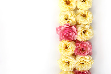 Flowers composition. Pattern made of rose flowers isolated on white background.