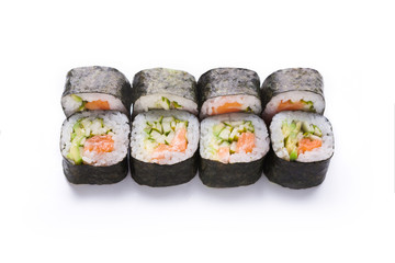 Set of salmon rolls isolated on white, closeup