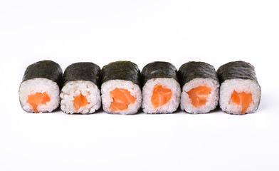 Set of salmon rolls isolated on white, closeup