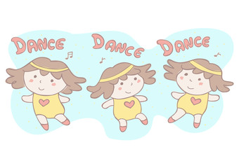 Fototapeta premium Cute vector cartoon illustration with set of three little girls dancing