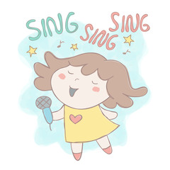 Hand drawn style vector illustration with adorable little girl singing