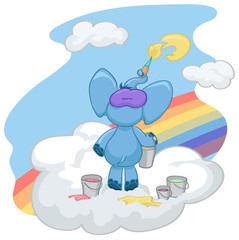 The blue elephant stands on the cloud and draws the sun