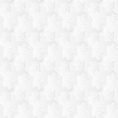 Neutral white textured background with 3d effect. Vector seamless repeating pattern of stylized leaves. 