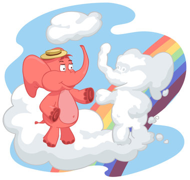 Red elephant greets with a cloud