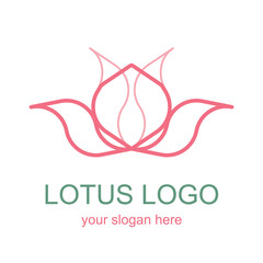Floral linear icon. Lotus flower lineart logo. Thin line logotype for a spa, wellness center, massage or beauty salon. Vector design element in monoline style isolated on white background. 