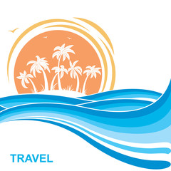 Fototapeta na wymiar Tropical island and sun.Sea waves background illustration