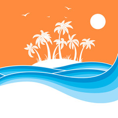 Fototapeta na wymiar Tropical island with palms.Sea waves blue background illustration