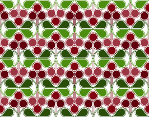Scandinavian geometric pattern with stylized cranberries and cowberries on white background. Vector seamless repeat.