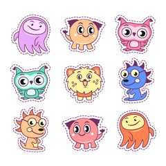 Stickers set pop art comic style with cartoon monster kids