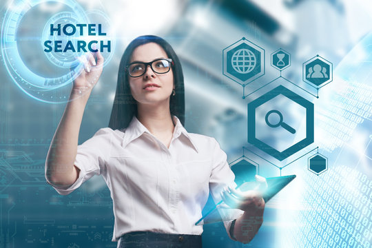 The concept of business, technology, the Internet and the network. A young entrepreneur working on a virtual screen of the future and sees the inscription: Hotel search