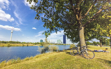 At the Danube Island with the Danube City Vienna, the new DC Tower and the Danube Tower