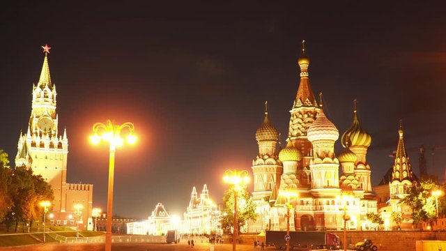 The Moscow Kremlin and the Basil's Temple of Blessed at Night.