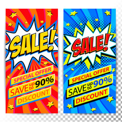 Sale web banners. Set of Pop art comic sale discount promotion banners. Big sale background. Decorative backgrounds with bomb explosive. Comics pop-art style bang shape on red and blue twisted © ✦ Bizarre Factory ✦
