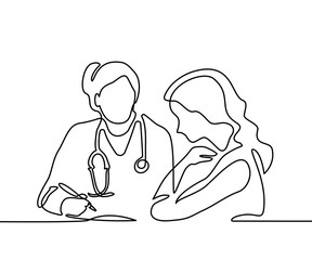 Doctor with stethoscope treat patient woman. Continuous line drawing. Vector illustration on white background