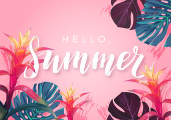 Summer tropical design for banner or flyer with exotic palm leaves, hibiscus flowers and handlettering.