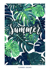 Summer vector tropical postcard design with green monstera palm leaves and lettering.