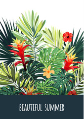 Fototapeta premium Floral vertical postcard design with guzmania and hibiscus flowers, monstera and royal palm leaves. Exotic hawaiian vector background.