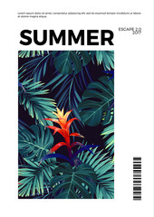 Fototapeta premium Floral vertical summer postcard design with guzmania flowers, monstera and royal palm leaves. Exotic hawaiian background.