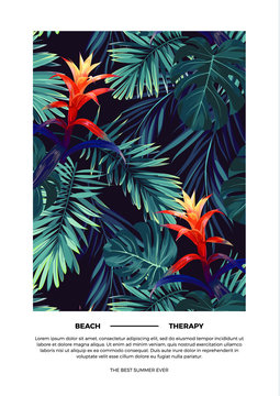 Floral vertical postcard design with guzmania flowers, monstera and royal palm leaves. Exotic hawaiian background.