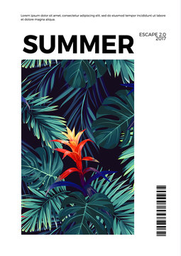 Floral vertical summer postcard design with guzmania flowers, monstera and royal palm leaves. Exotic hawaiian background.