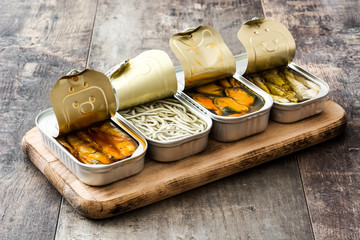 Cans of preserves on wooden table