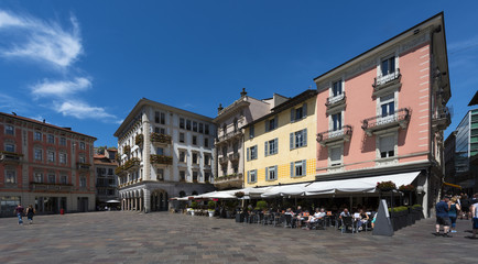 Fototapeta na wymiar Restaurants and shops at the Piazza della Riforma in Lugano - Lugano, Lake Lugano, Lugano, Ticino, Switzerland, Europe