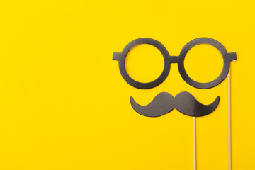 Photobooth props on a yellow background. Birthday, wedding party celebration