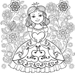 Coloring book with small Princesa heart in his hands. Coloring the girl with flowers and butterflies