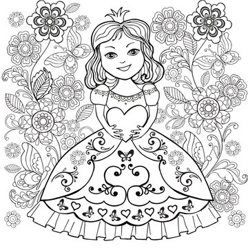 Coloring book with small Princesa heart in his hands. Coloring the girl with flowers and butterflies