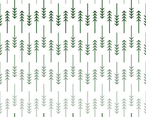 Scandinavian geometric pattern with stylized linear fir and pine trees in shades of green on white background. Print for Christmas wrap paper or modern fashion and sportswear. Vector seamless repeat.