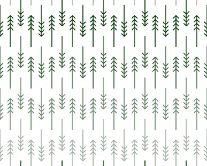 Gordijnen Scandinavisch geometrisch patroon met gestileerde lineaire sparren- en dennenbomen in groentinten op een witte achtergrond. Print voor kerstpapier of moderne mode en sportkleding. Vector naadloze herhaling. © satoja satuja