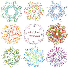 Set of colorful floral mandalas. Spring floral mandala. Cute vector floral mandala