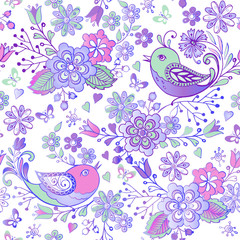 Cute floral seamless pattern with pink and blue birds and hearts. Decorative ornament backdrop for fabric, textile, wrapping paper