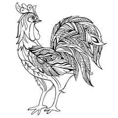 Hand drawn rooster for the anti stress coloring page © yereskonatasha