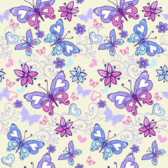Cute summer seamless pattern with butterflies and hearts. Vintage flowers seamless ornament in blue and pink colors. Decorative ornament backdrop for fabric, textile, wrapping paper