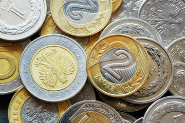 Close up picture of Polish Zloty coins, shallow depth of field.