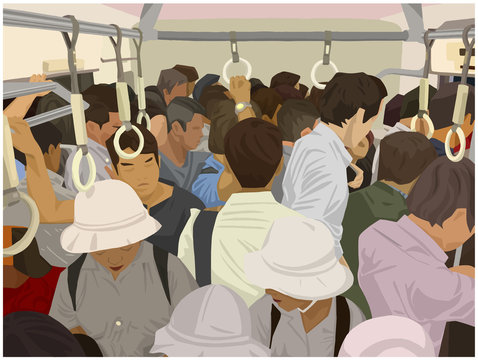 Illustration Of Crowded Commuter Train In Color