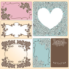 Set of vintage cards, labels with roses in pastel colors. Vintage design element