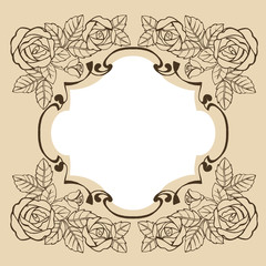 Vintage frame with roses for greeting card, invitation. Vector illustration