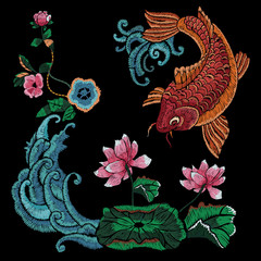 Embroidery oriental folk pattern with golden carp and lotus flowers. Vector embroidered floral design with fish for wearing.