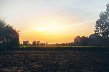 Rural landscape. Fields in season Natural rocky mountains