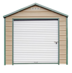 New tan with green trim storage shed. Isolated