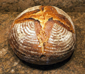 Fresh, warm from the oven homemade round loaf of bread.