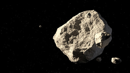 big and small asteroids on black background 3d illustration